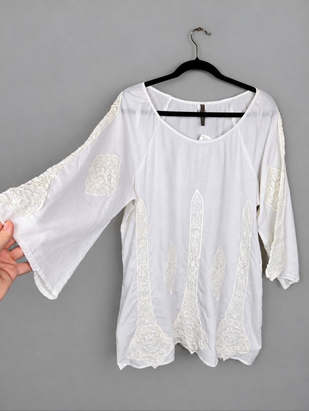 XCVI NWT White Cotton Lace 3/4 Sleeve Tunic Blouse L Boho Lagenlook Coastal
